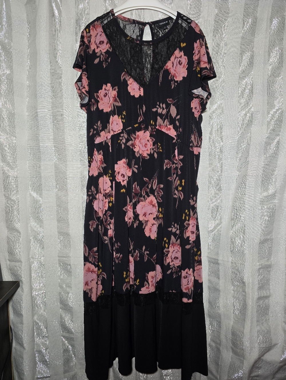 Torrid Black Maxi Dress with Pink Rose Print & Lace